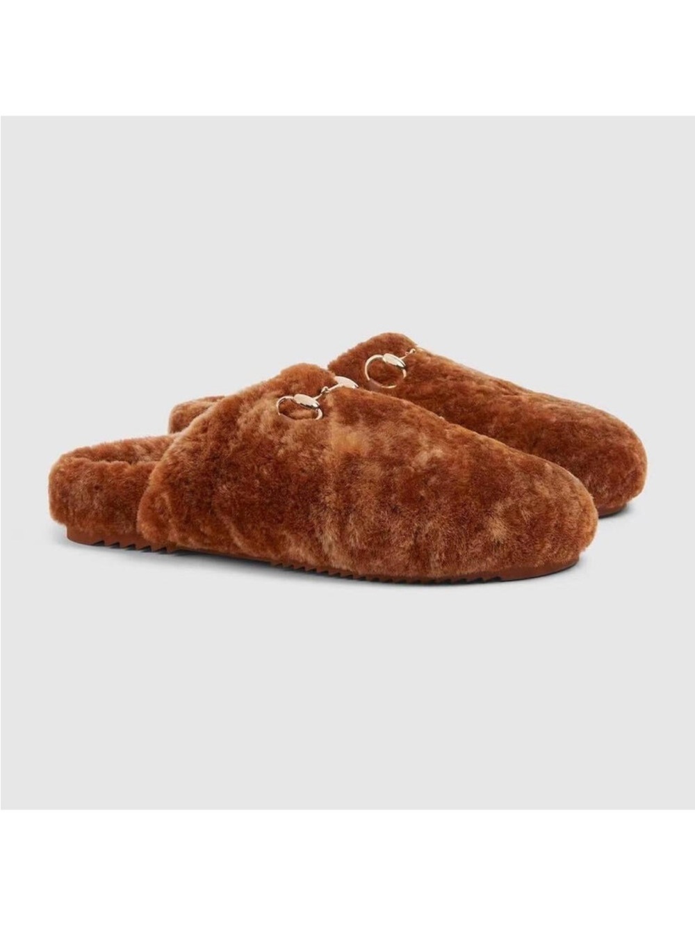 Gucci Chestnut Brown Shearling Slip-On Mules with Metal Horsebit